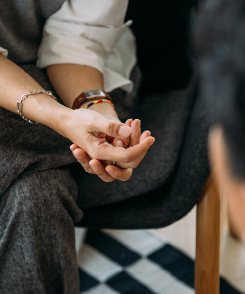 Close-up of woman's hands during counseling meeting with a professional therapist.